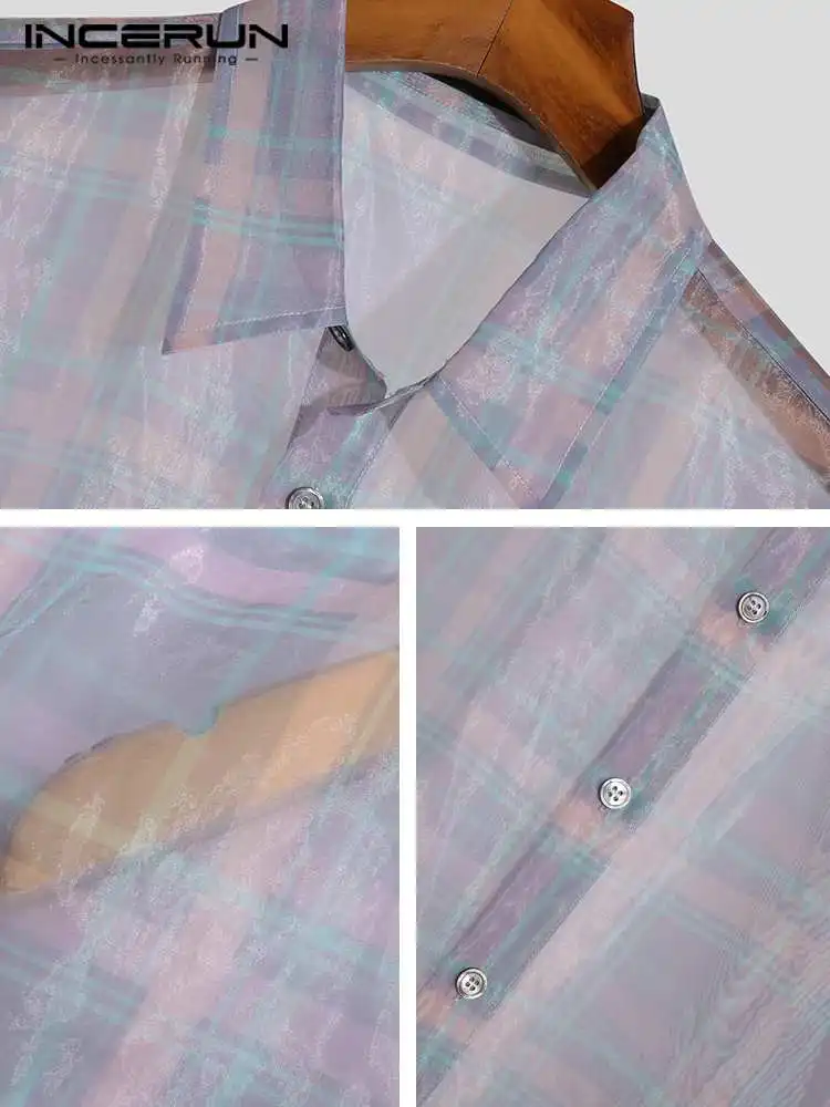 INCERUN Tops 2022 American Style New Men Fashion See-through Plaid Blouse Casual Streetwear Male Long-sleeved Lapel Shirts S-5XL