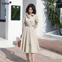 office lady fashion summer dress women 2022 empire belt turn down collar grace simple solid color short sleeve womens clothing