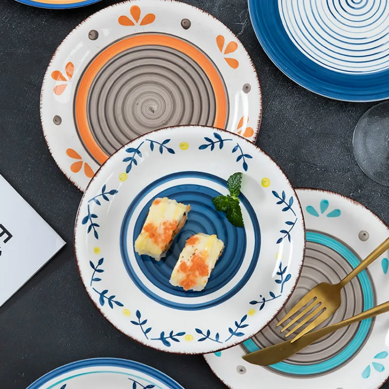 

Креативная японская тарелка для суши, Круглая Простая ручная роспись, тарелка для западного стейка, керамическая тарелка, посуда для рестор...