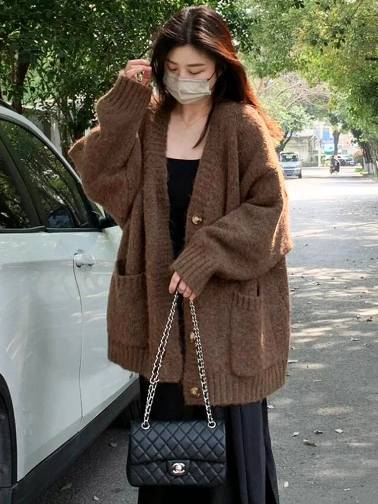 Кардиган-свитер женское пальто осеннее и зимнее мохеровое в стиле ретро