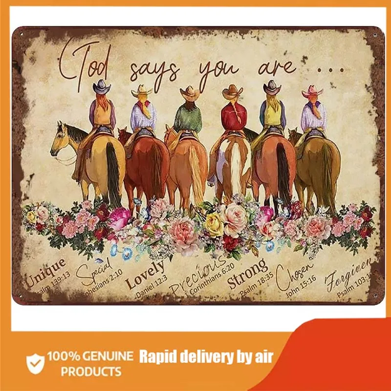 

God Says You are Cowgirl Bible Verse Inspirational Vintage Tin Sign for Horse Lovers Cowgirl Christian Art Vintage Wall Decor