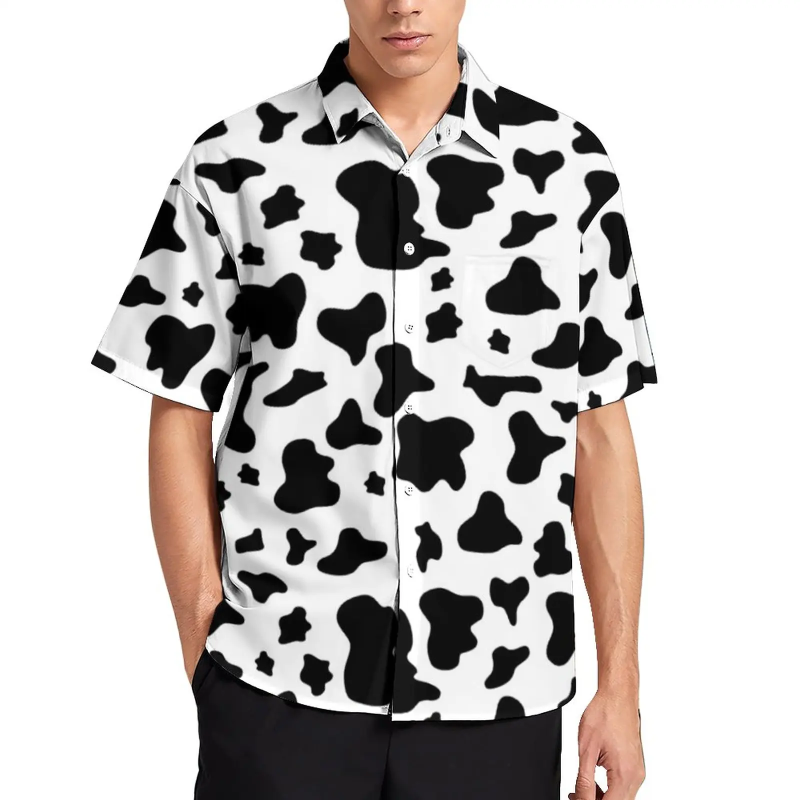 

Funny Farm Blouses Male Black White Cow Print Casual Shirts Hawaii Short Sleeve Graphic Trending Oversized Beach Shirt Gift Idea