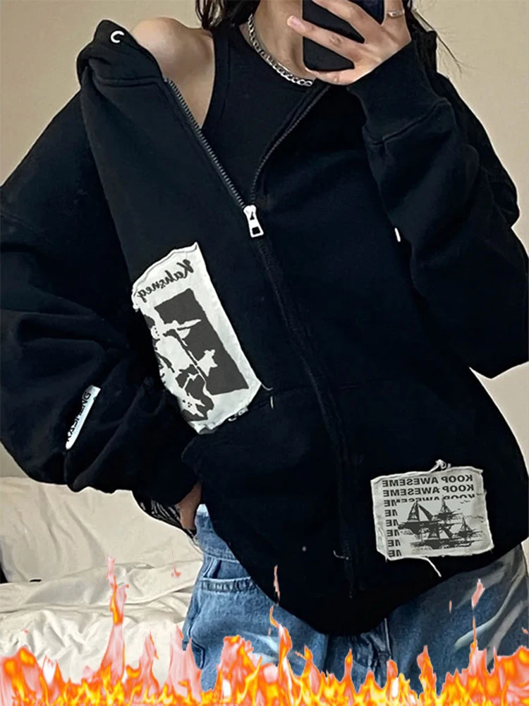 

Женские бархатные толстовки Harajuku на молнии, толстовка с капюшоном и нашивками, толстая свободная уличная куртка в стиле ретро с длинным рук...