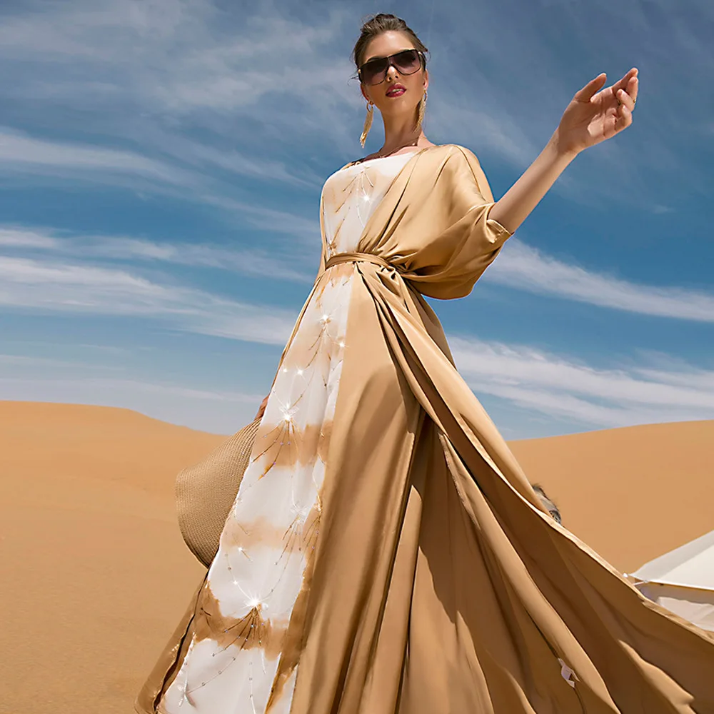 Ramadan Eid Sequins Satin Choffin Patchwork Women Muslim Dresses Abayas Caftan Marocain Saudi Turkey Robe Femme 2-Piece Set