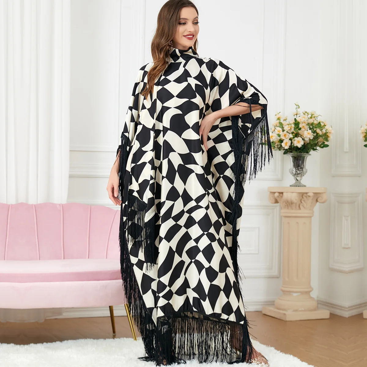Women's Spring and Summer Prayer Muslim Printed Surgical Gown Turkish Abaya Arab Islamic Women Moroccan Kraftan Bat Sleeve Dress