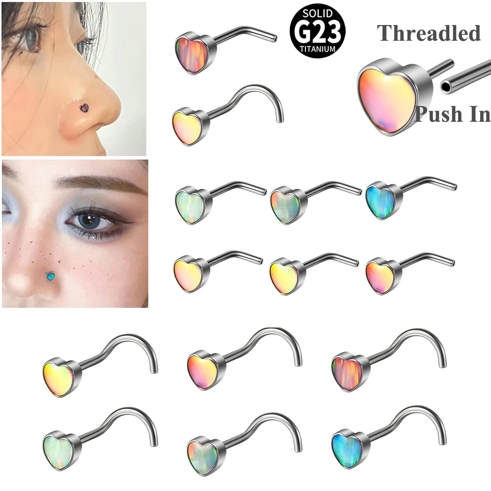 1PC Titanium Opal L Shape Nose Bone Ring Heart Threadless Piercing Retainer Holder Nazir Stud Body Jewelry 20G