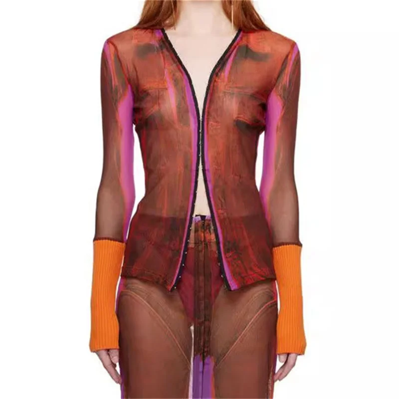 

Beautiful Women's Blouses 2023 Summer New Korean Fashion Imitation Denim Printed Women's Shirt Tulle Breathable Long Sleeved Top