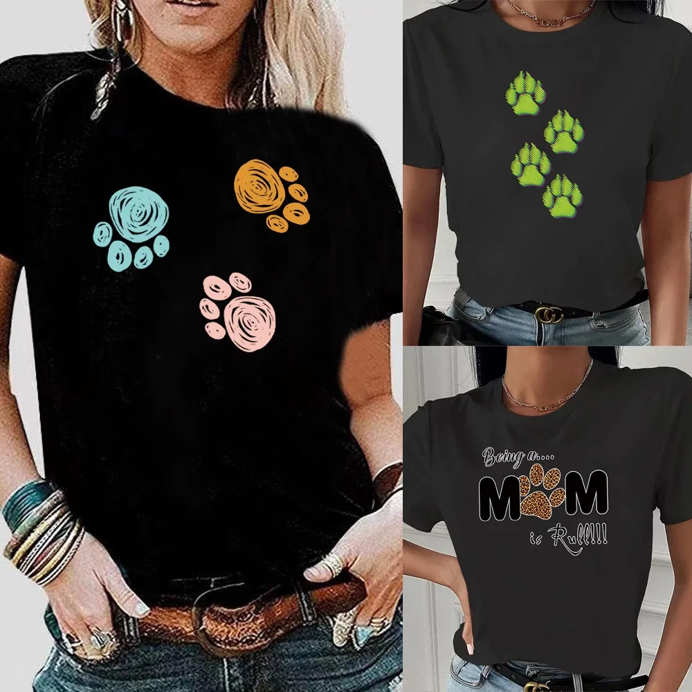 

2022 Summer Fashion Footprints print T Shirt Women Tops O-neckBlack Tees Harajuku Sports Breathable Shirt Hip Hop Streetwear