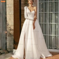 one shoulder long sleeve side slit wedding dress lace appliques vestido de noiva a line bridal gown %d1%81%d0%b2%d0%b0%d0%b4%d0%b5%d0%b1%d0%bd%d0%be%d0%b5 %d0%bf%d0%bb%d0%b0%d1%82%d1%8c%d0%b5 custom made