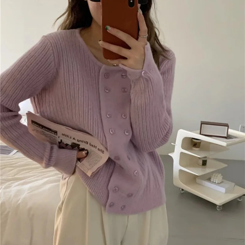 Женский вязаный кардиган с длинным рукавом элегантный свободный двубортный