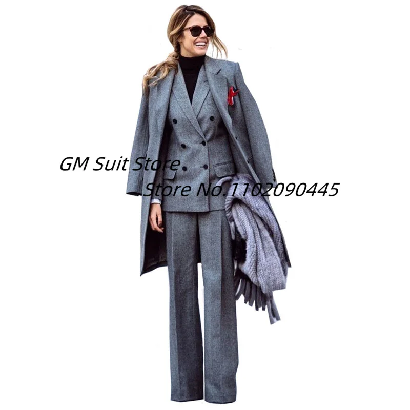 Women's Suits 3 Pieces Double- Breasted  Wool Blend Office Lady Business Blazer Jacket Pants Outfits Uniform