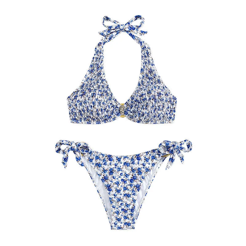 

Новинка 2023, летняя пляжная одежда, купальник с лямкой на шее и принтом, женский купальный костюм из 2 предметов, плиссированный текстурный купальник, сексуальное бикини с разрезом