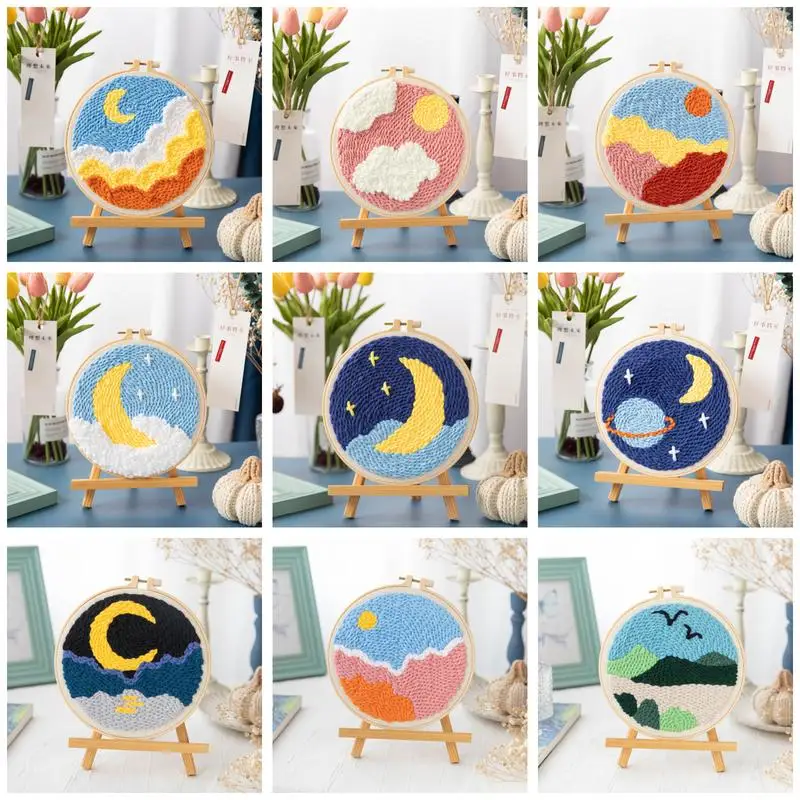 

CHENISTORY DIY Punch Needle Kit Moon Scenery Gift With Wooden Support For Beginners Kids Poking Embroidery Kill Time Art Set