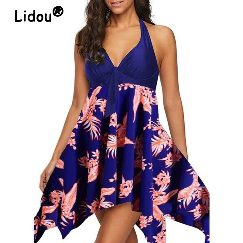 

New Summer Beach Wind Midi Woman Dress Trendyol Fashion Sleeveless Cover Belly Flowers Printing Big Hem Irregular Tunics Dresses
