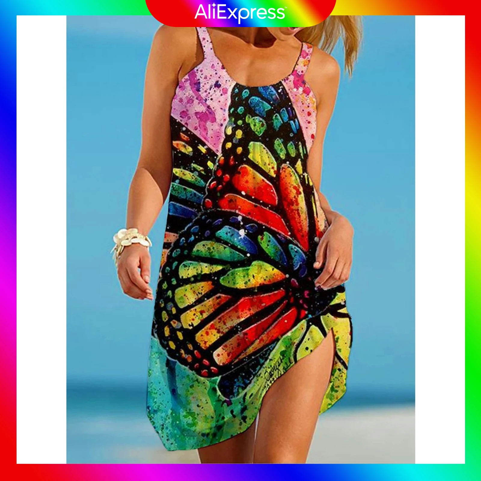 

Hot New Summer Dress Butterfly Pattern Beach Vacation Party 3D Dress Women Streetwear Print Female Loose Condole Belt Round