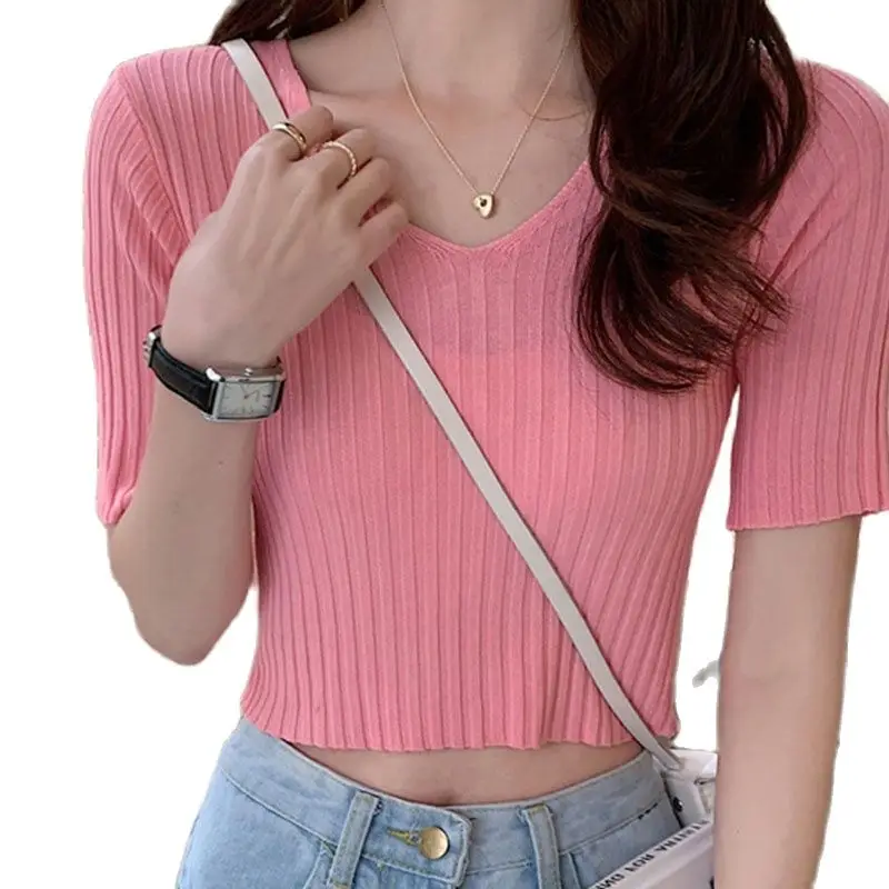 

Itoolin Women Summer T-shirt Female Solid Crop Tops Short Sleeve Striped Slim Fit High Waist Women 2022 y2k tops