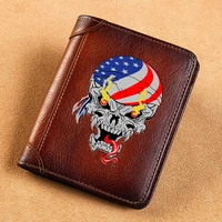 high quality genuine leather men wallets american flag skull printing short card holder purse luxury brand male wallet