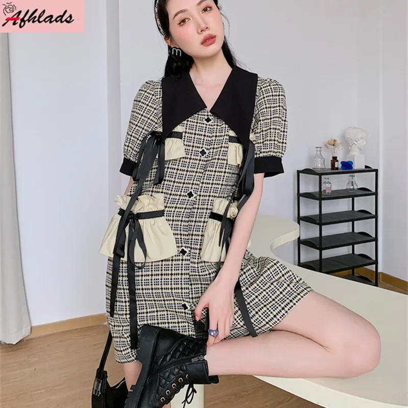 

Женское однобортное мини-платье в клетку, свободное офисное клетчатое платье с оборками, карманами и отложным воротником, летнее платье с п...