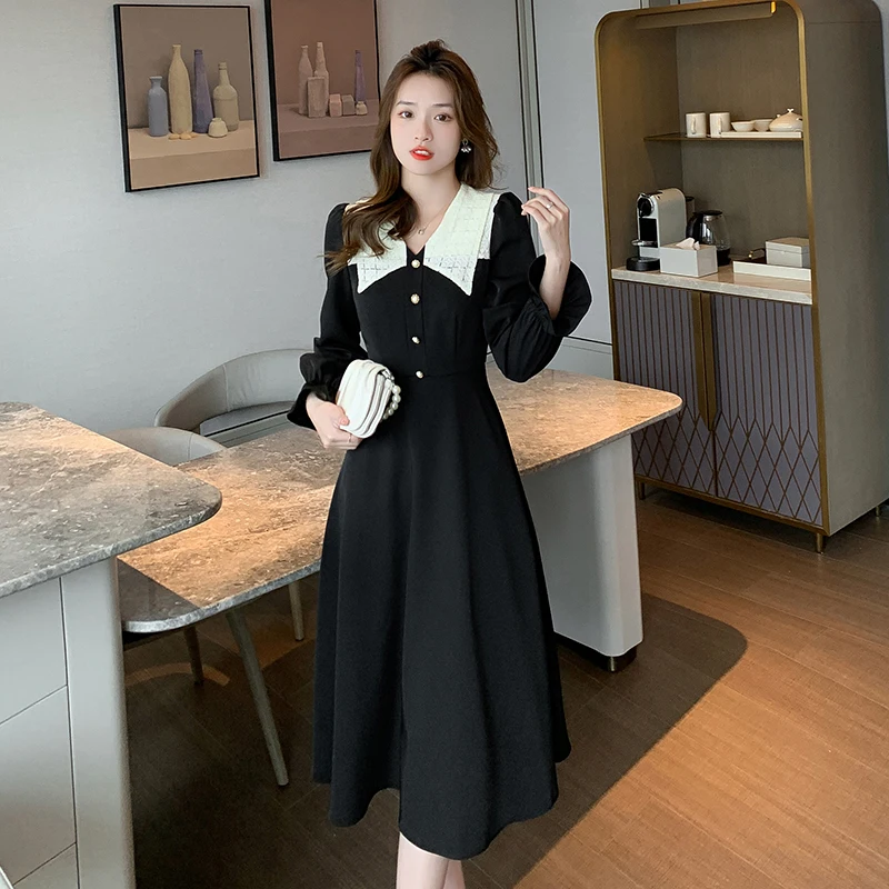 

COIGARSAM Women Dress Spring 2022 New Vintage Patchwork Lace Long Sleeve High Waist Black Dresses Dropshipping