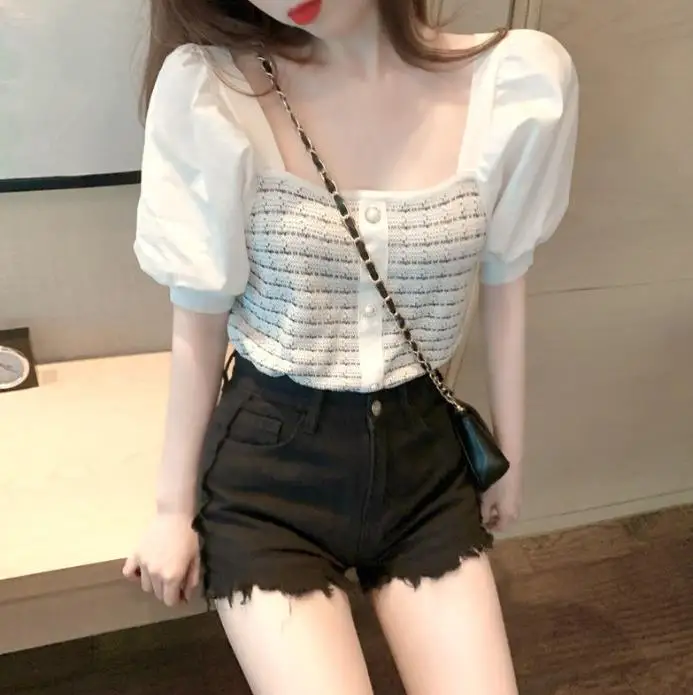 

Bubble sleeved ice silk women's square neck knitted top