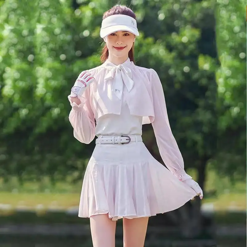 

Summer Golf Clothing Light Pink Sleeveless Vest Long Sleeve Sun Protection Outer Two-color Pleated Skirt Three-piece Set