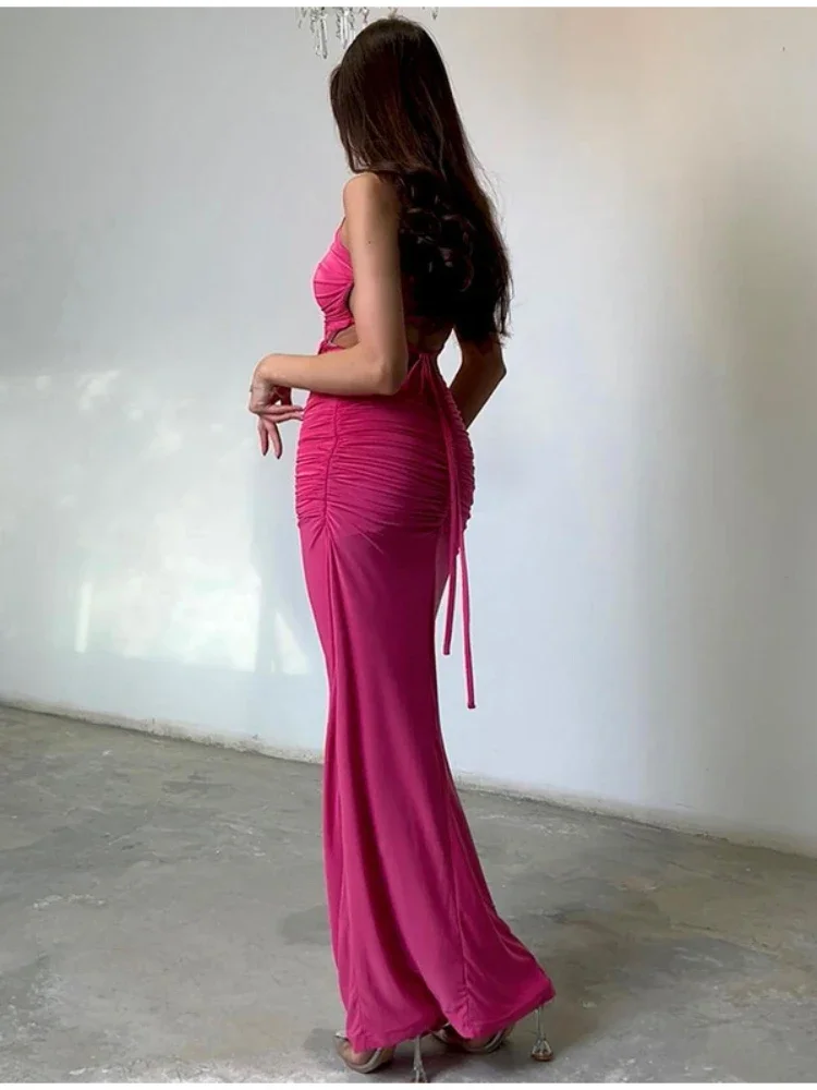 

Halter Bandage Pleated Draped Maxi Dress Lady Sexy Sleeveless Backless Dress Summer Lady Beach Party Club Long Dresses