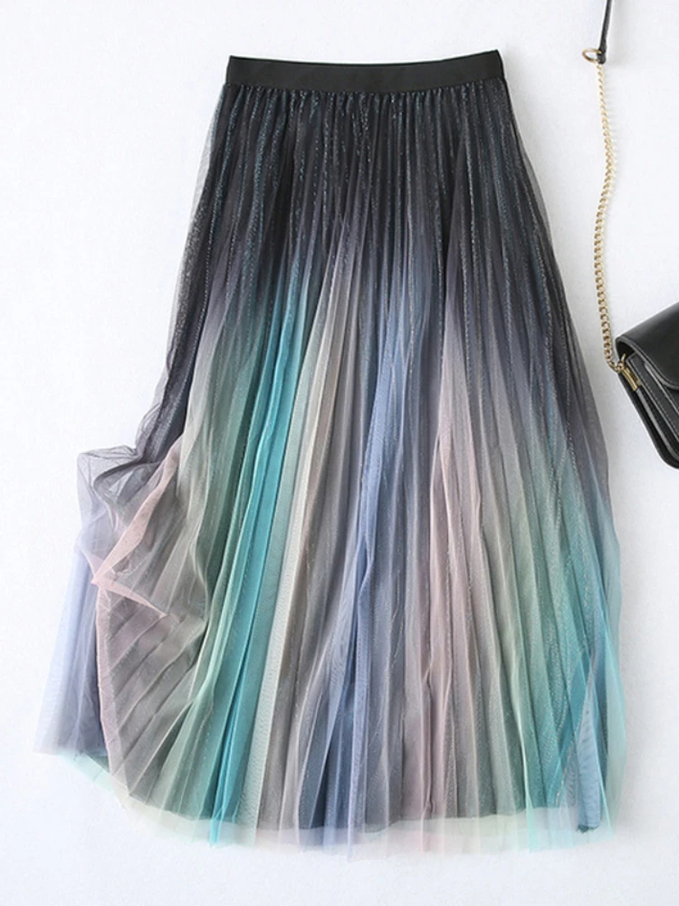 

Beautiful Gradient Tulle Long Skirt Women Fashion 2022 Spring Summer Skirts Korean A Line High Waist Pleated Skirt Female Lady