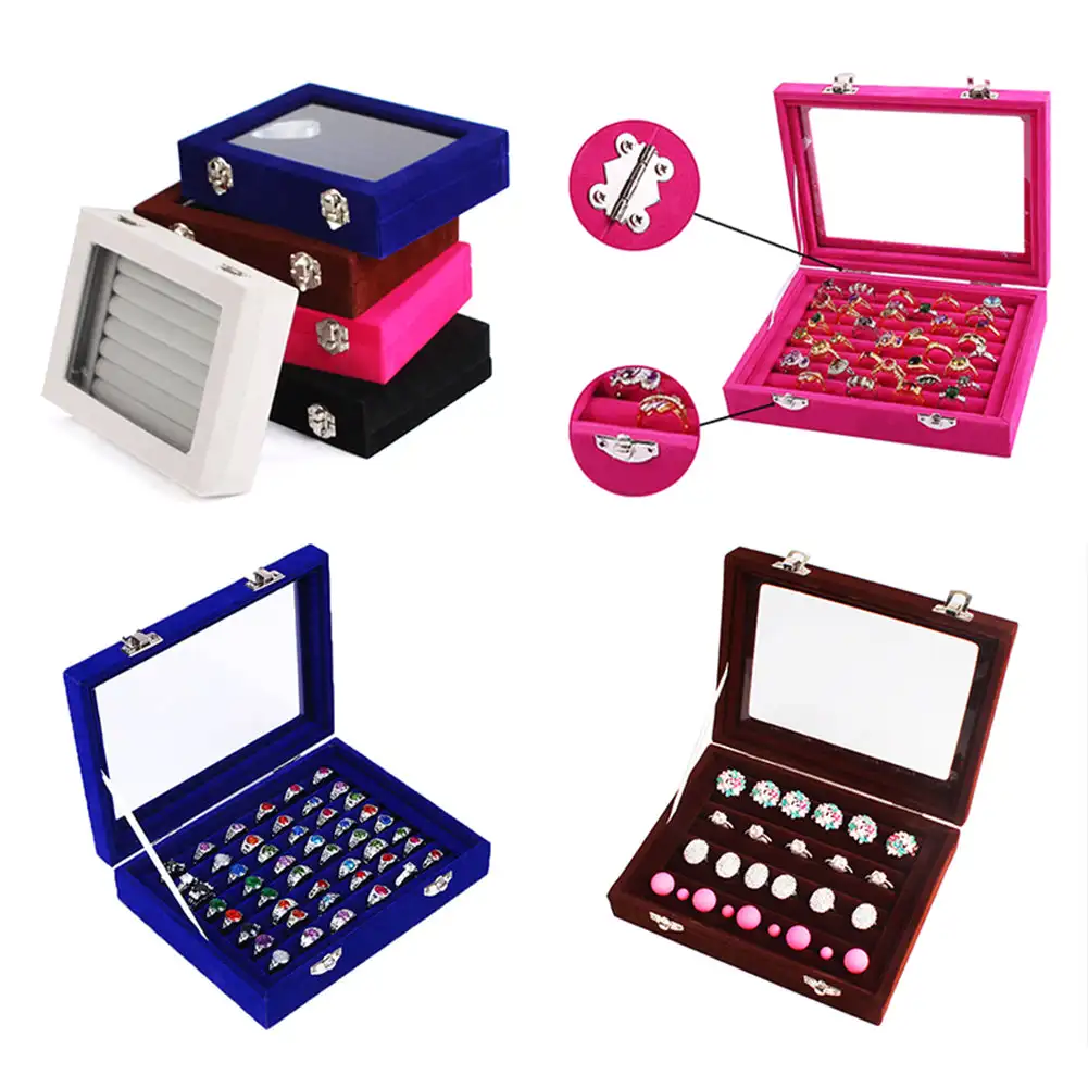 

New Velvet Glass Jewelry Box Ring Earring Display Organizer Holder Storage Show Case