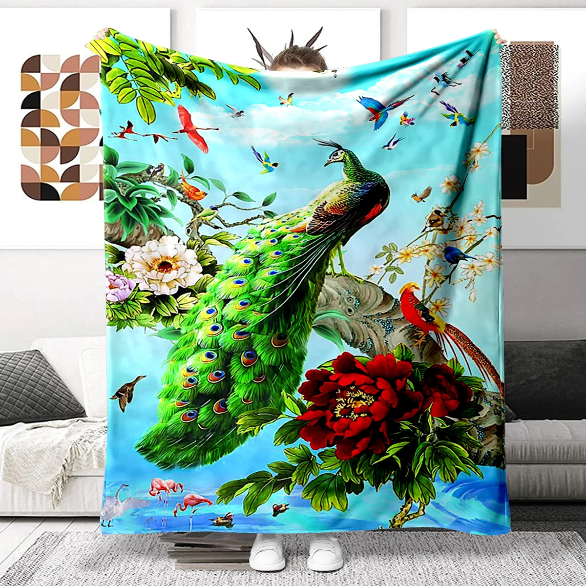 

Beautiful Peacock Pattern Blanket China Rose Flower Birds Print Bed Throw Blanket Lightweight Super Soft Flannel Cover Bedspread