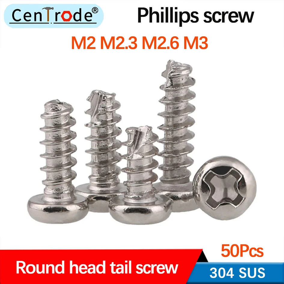 

304 stainless steel Phillips round head cutting tail self-tapping screws PT cross pan head self drilling screw M2M2.6M3 50pcs