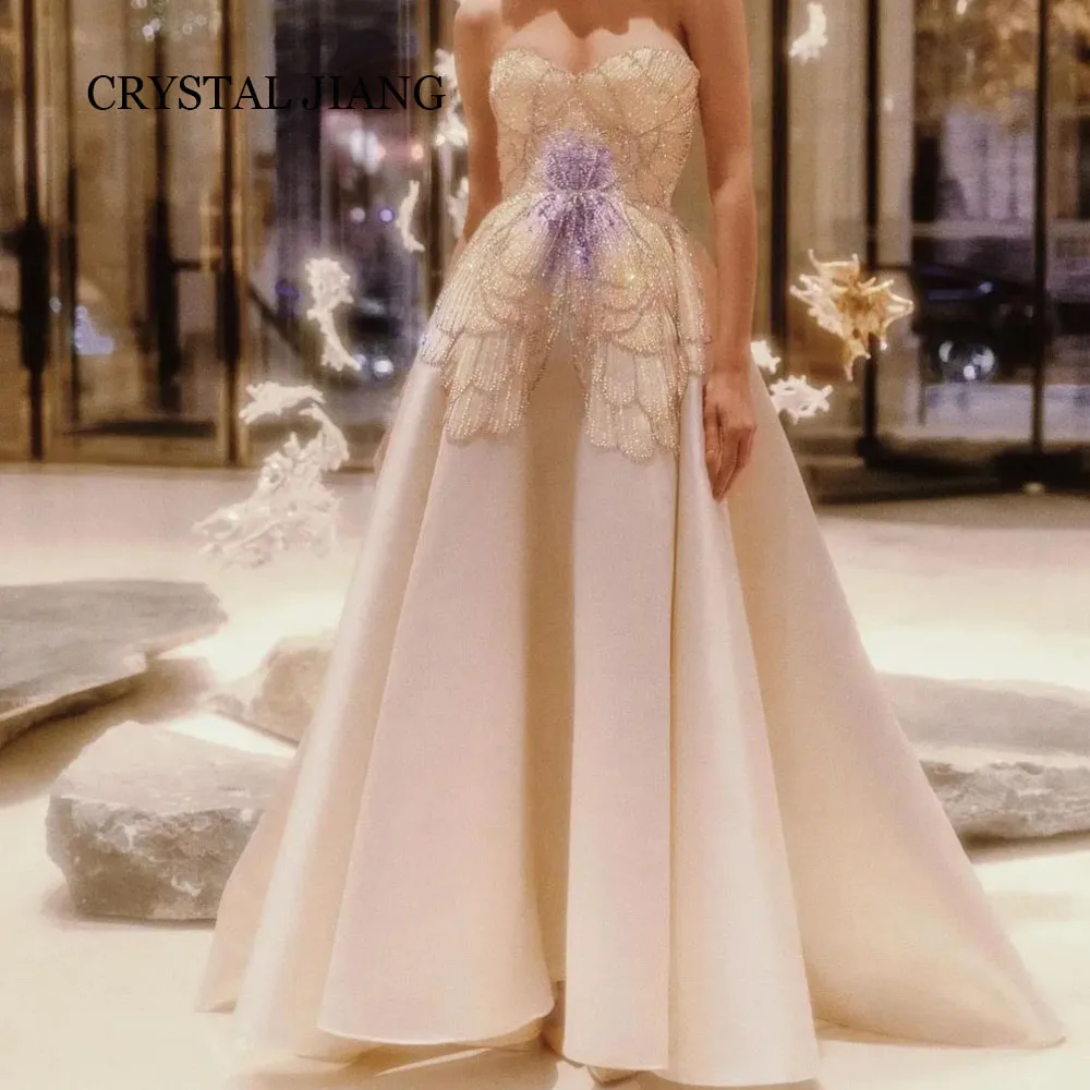 

Luxury Long Sweetheart Beadings Crystals Satin Evening Dresses Sleeveless A Line Floor Length Vestidos De Fiesta Para Mujer