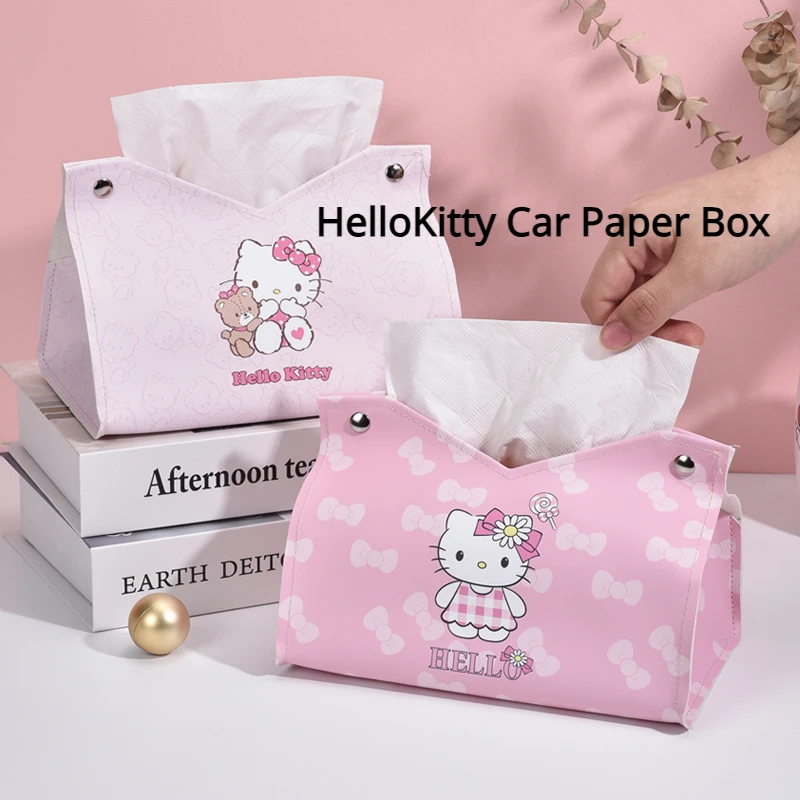 

HELLO KITTY Tissue Box Cartoon Decoration Dormitory Car Creative Desktop Leather Living Room Office Storage Box Napkin Holder