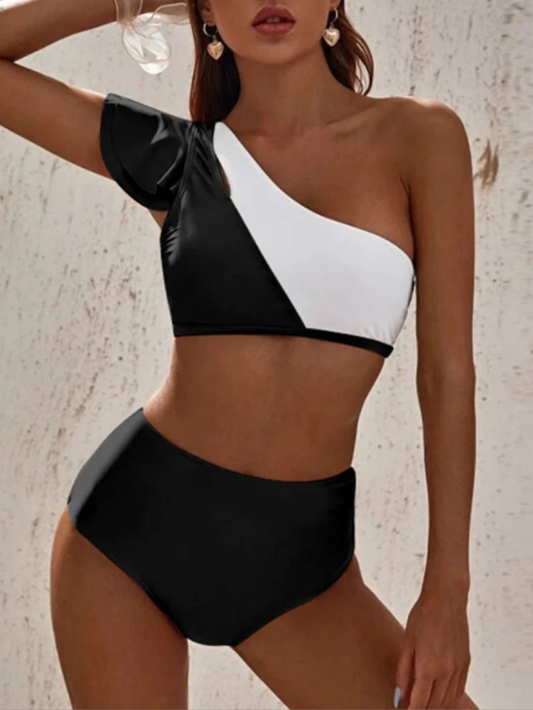 

New Solid Color Splicing Ruffle Women 's Swimwear Two Piece High Waist One Shoulder Swimsuit Sexy Summer Push Up Beachwear Suit