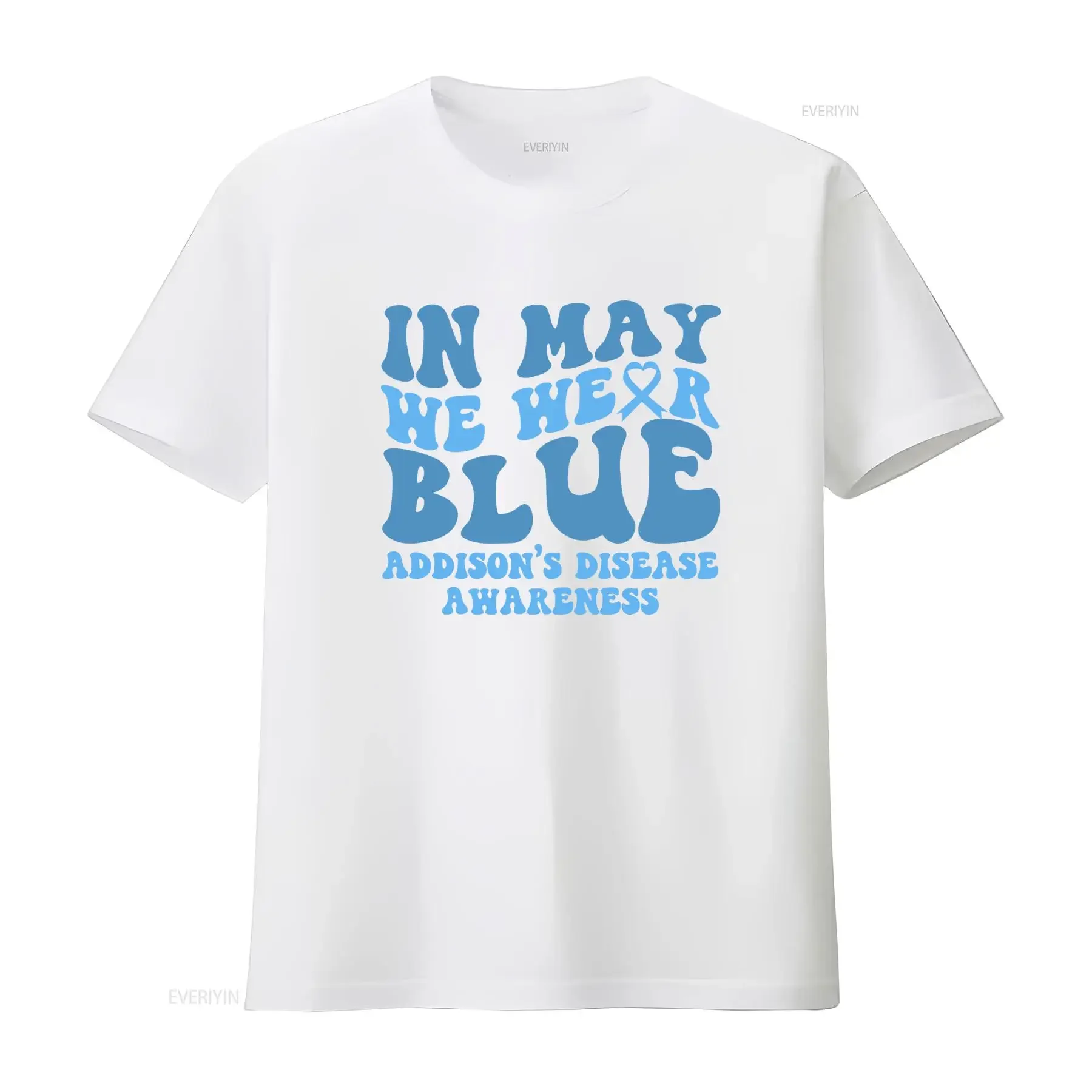 Фото Ретро-футболка с принтом «Синяя лента» в стиле Groovy Addison's Disease Awareness In May We Wear Blue Ribbon, винтажная, с эффектом потертости, универсальная, удобная. №4