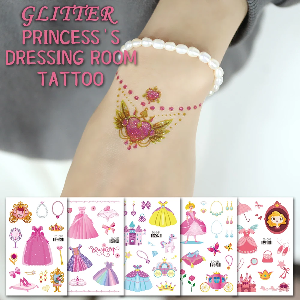 VeeCharm-блестящие Временные татуировки принцессы для девочек замок-бабочка детские