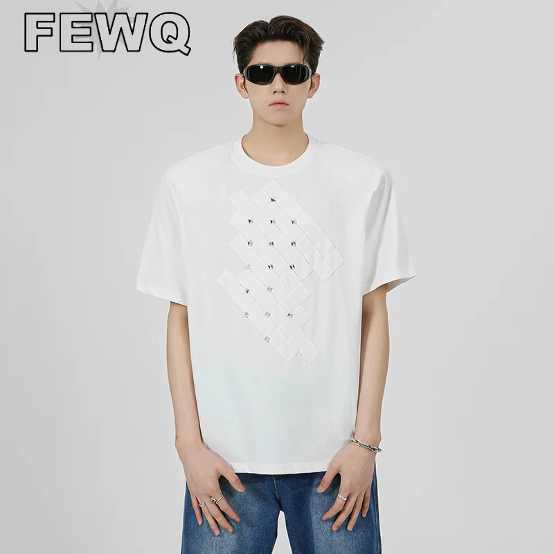 

Футболка FEWQ мужская с заклепками, дизайнерская клетчатая рубашка с коротким рукавом, в стиле пэчворк, с круглым вырезом, Свободный Повседневный Топ, шик, 24B3061, 2023