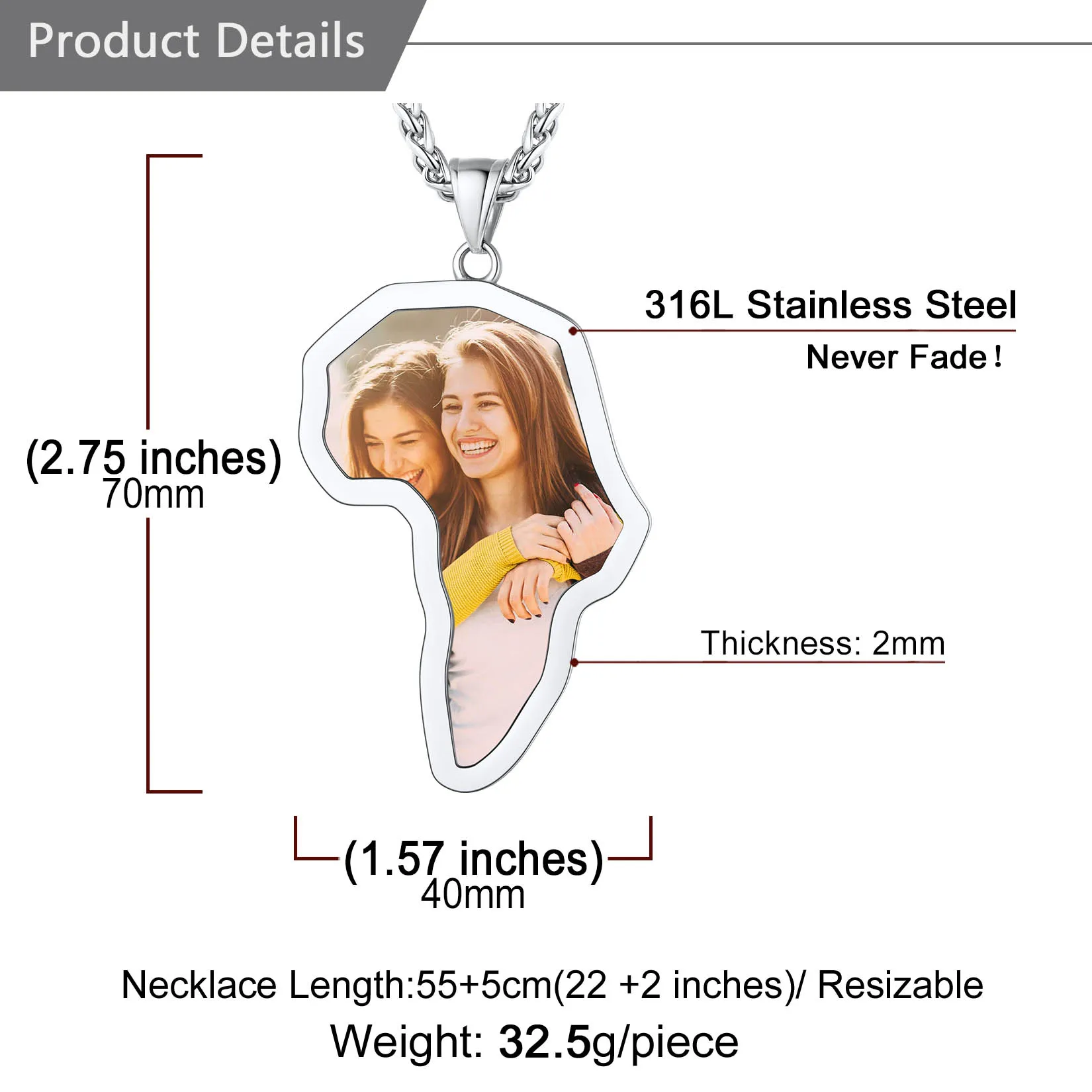 U7 Stainless Steel Personalized Photo Africa Map Necklace Custom Laser Engraving Back 20''+2''Link Chain Hip Hop Unisex Jewelry