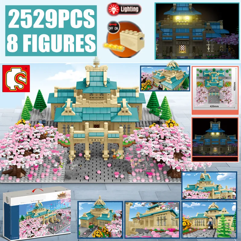 2528PCS Sembo Block Japanese Street View Senbon Torii Sakura Cherry Tree House Stall Inari Shrine Blossom Building Brick Toy