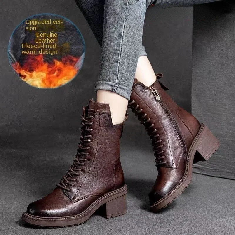 New Pu Leather High Quality Women's Boots Autumn Winter Square Mid Heel Ankle Boots Lace Up Zipper Ladies High Heels Botas Mujer