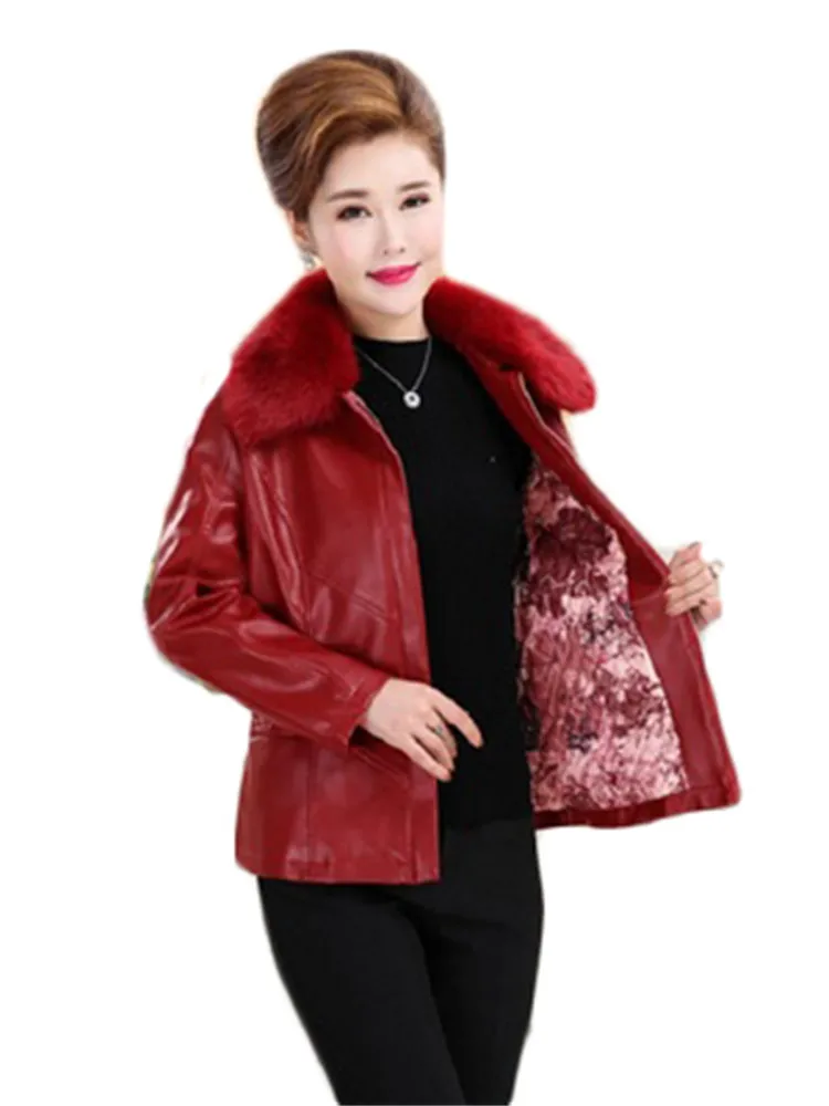 Enlarge 2022 New Autumn Winter Women Leather Jacket Women Quilted Thick Fur Collar Casual Middle-aged MOM Wear Short PU Jacket JD2271