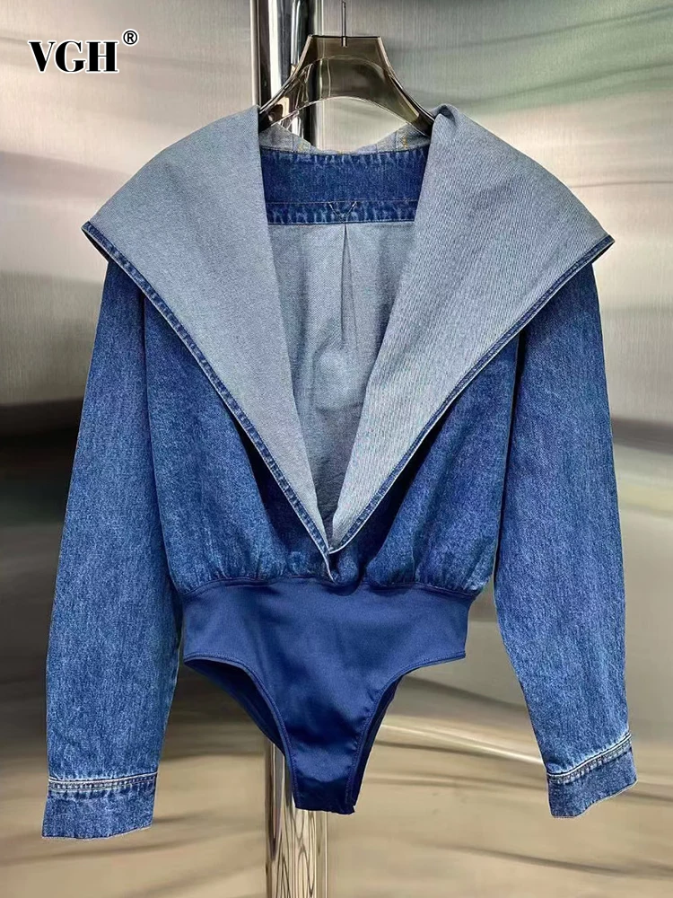 

VGH Sexy Denim Bodysuits For Women Hooded Collar Loose Long Sleeve Patchwork High Waist Rompers Female 2022 Spring Fashion Style