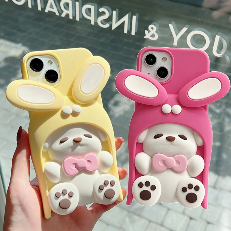 

Lovely 3D Cartoon dopamine Dog Phone Case For iphone 13 12 14 Pro Max i11 13promax cute Dynamic ear kid gift soft silicone cover