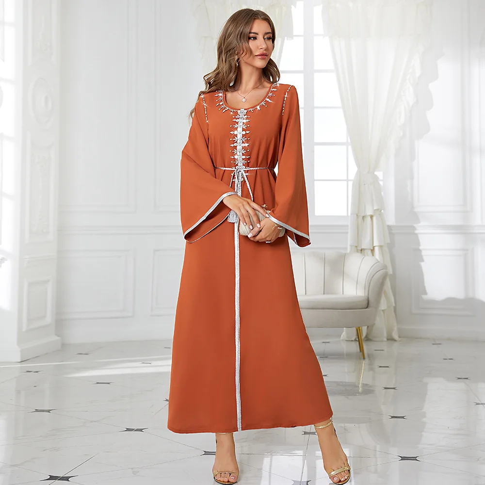 

Eid Abu Dhabi Turkish Women Belted Dress Orange Diamond Kimono Morocco Mexican Indian Prayer Wear Casual Over Knee Ethnic Robe
