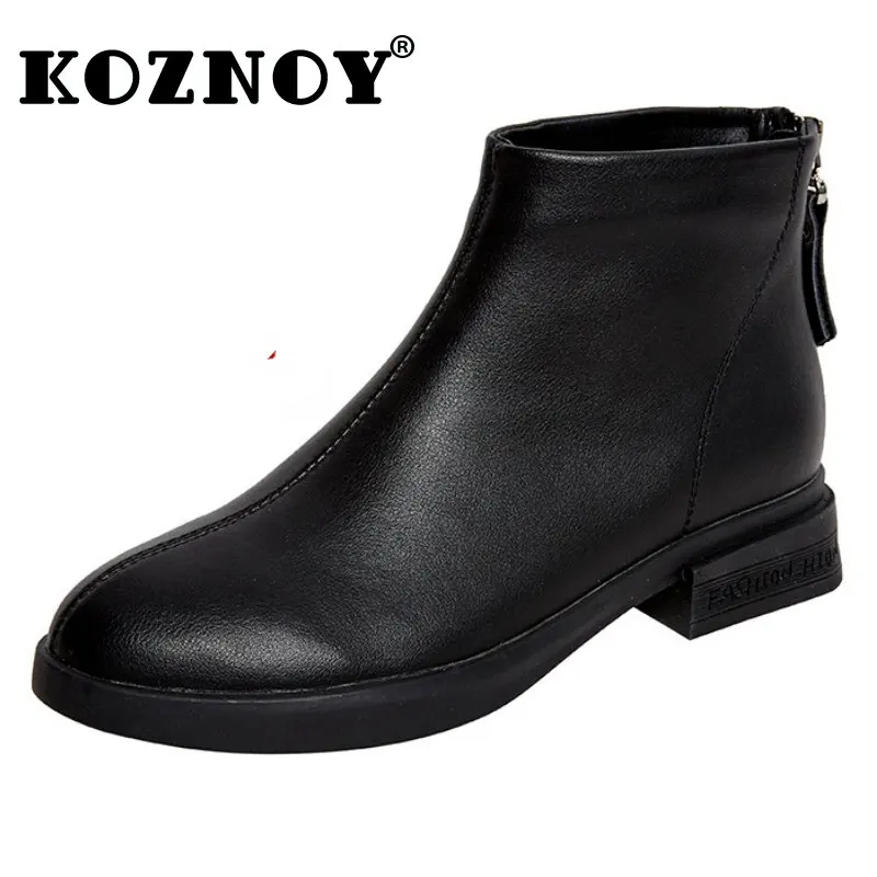 

Koznoy 3cm New Genuine Leather Women Fashion Ankle Boots Low Heels Zipper Female Spring Autumn Winter Warm Fur Plush Flats Shoes