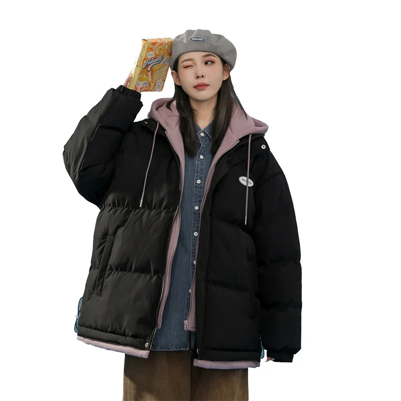 Thick Cotton Clothing Couple Style Korean Loose Fashion Fake Two-piece Splicing Hooded Top Men's Women's Spring Jacket Winter
