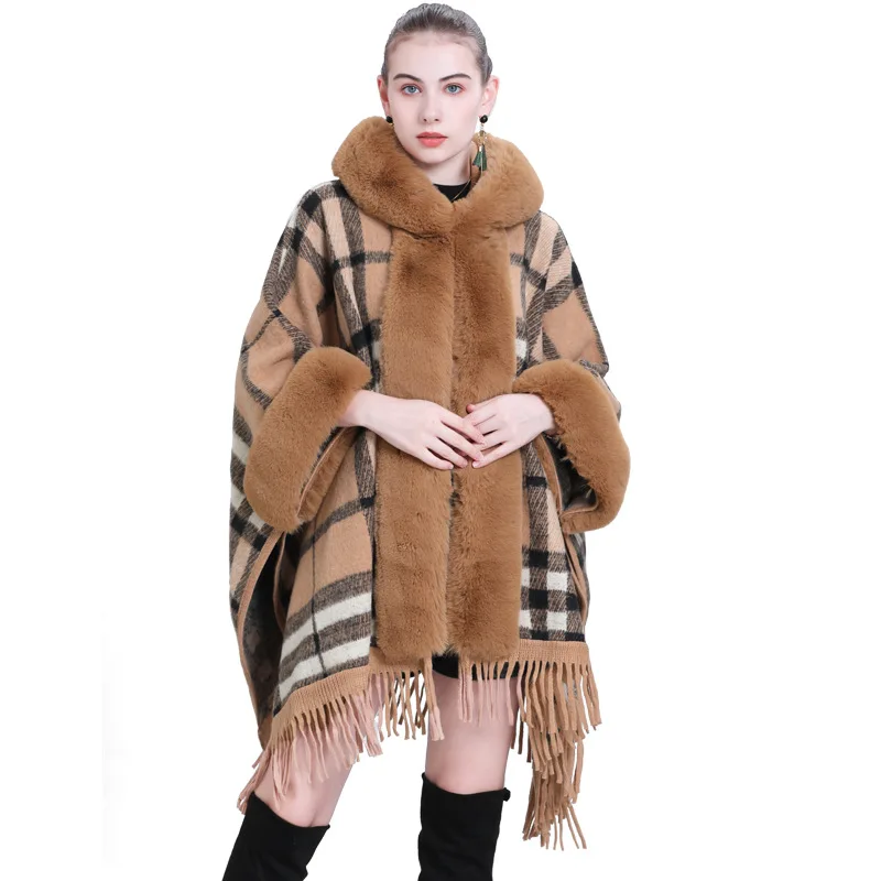 Coat collar plaid hooded tassel cloak shawl knitted shawl cardigan