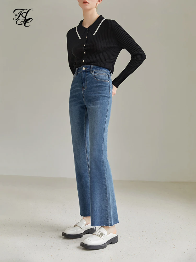 

FSLE High Waist Pants Micro-Stretch Flare Jeans Cotton Elastic Denim Blue Jean Office Lady Solid Black Long Trousers