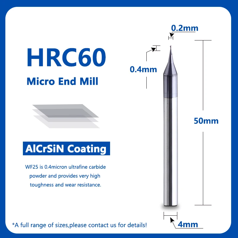 1PC HRC60 Micro Square End Mill 2 Flutes 0.2-0.9mm TiAIN Micro Flat 4mm Shank Milling Cutter Mirco Carbide CNC Engraving Bit