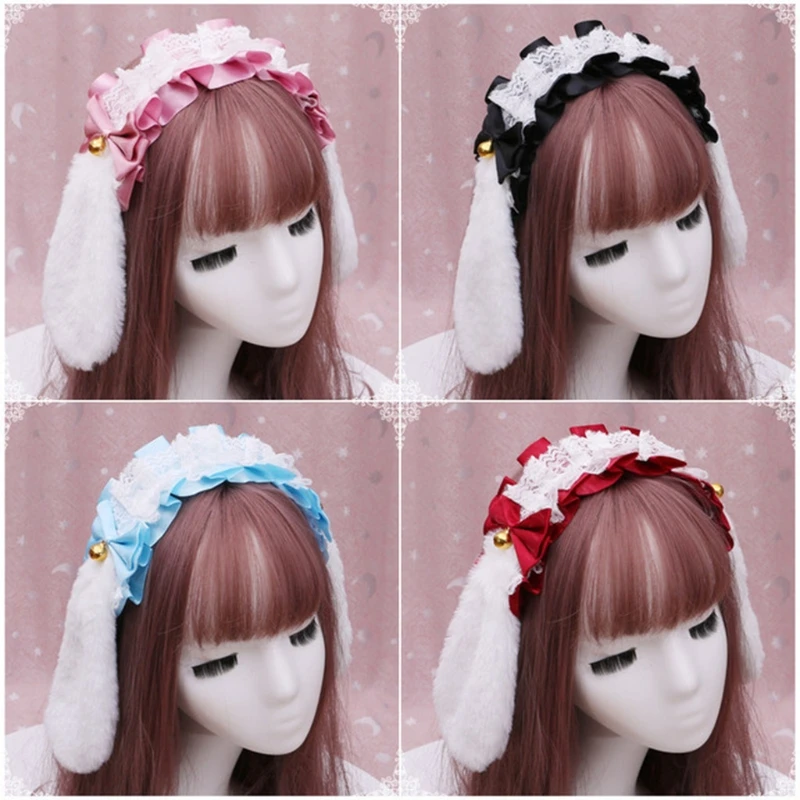 

Lace Bowknot Headband Cosplay Headdress Japanese Sweet Lovely Pleated Lolita Maid Plush Bunny Ears Bell Hair Accessories L21E