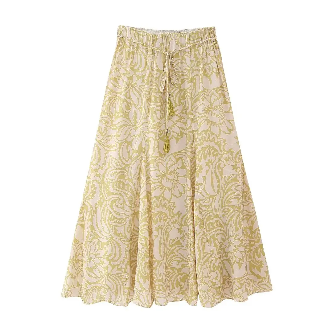 

Women 2023 New Chic Fashion Summer Printing Frenulum Midi Skirt Vintage High Waist Lining Female Skirts Mujer